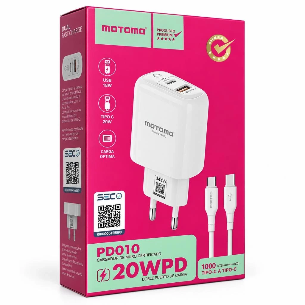 Cargador Duo USB/C + Cable Tipo C a C Motomo PD010 Cargador vista 2